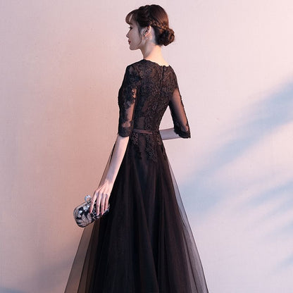 3/4-Sleeve V-Neck Lace A-Line Evening Gown / Asymmetrical Cocktail Dress