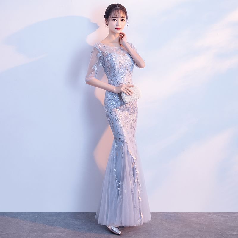 Elbow-Sleeve Neck Sequin Boat Gown Mermaid Evening