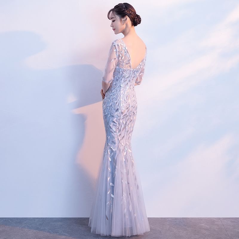 Elbow-Sleeve Neck Sequin Boat Gown Mermaid Evening