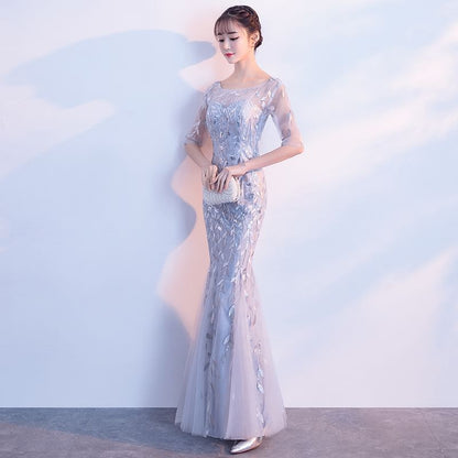 Elbow-Sleeve Boat Neck Sequin Mermaid Evening Gown