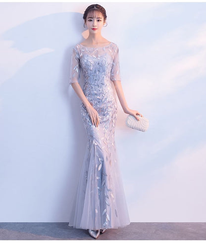 Elbow-Sleeve Neck Sequin Boat Gown Mermaid Evening