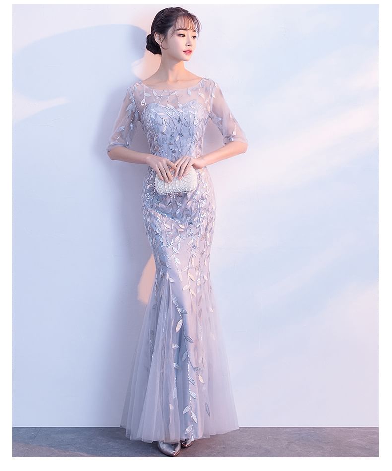Elbow-Sleeve Neck Sequin Boat Gown Mermaid Evening