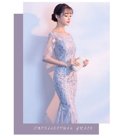 Elbow-Sleeve Boat Neck Sequin Mermaid Evening Gown