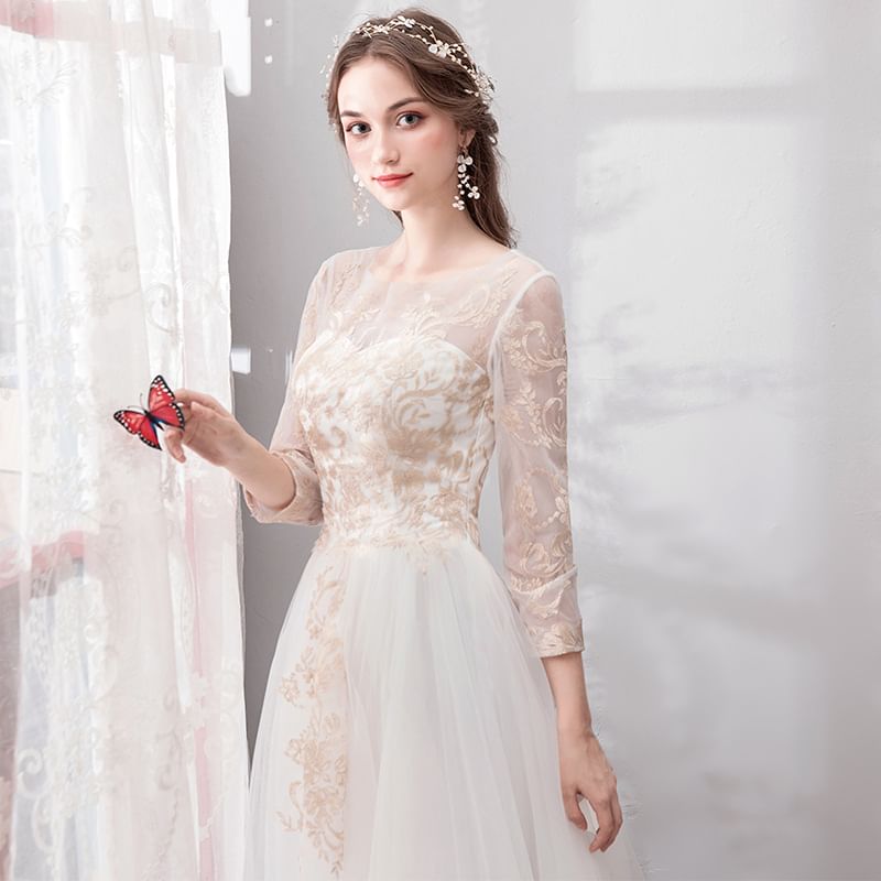 Neck Gown A-Line Mesh Wedding Scoop 3/4-Sleeve