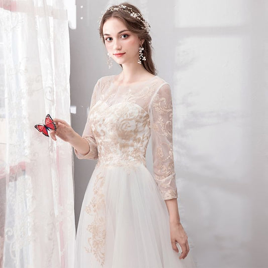 3/4-Sleeve Scoop Neck Mesh A-Line Wedding Gown