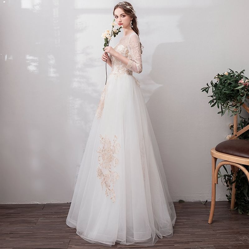 Neck Gown A-Line Mesh Wedding Scoop 3/4-Sleeve