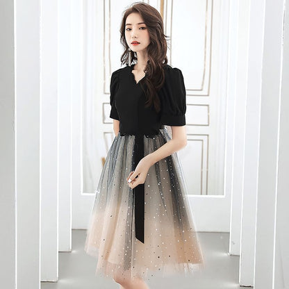 Short-Sleeve V-Neck Gradient Mesh A-Line Cocktail Dress