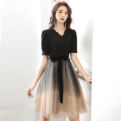 Short-Sleeve V-Neck Gradient Mesh A-Line Cocktail Dress