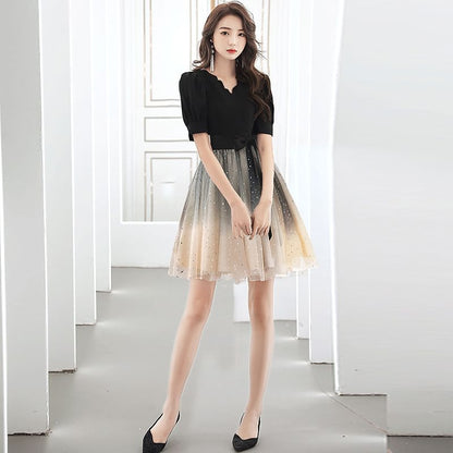Short-Sleeve V-Neck Gradient Mesh A-Line Cocktail Dress