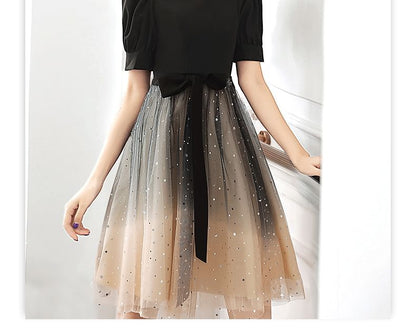 Short-Sleeve V-Neck Gradient Mesh A-Line Cocktail Dress