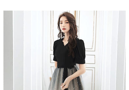 Short-Sleeve V-Neck Gradient Mesh A-Line Cocktail Dress