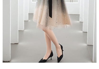 Short-Sleeve V-Neck Gradient Mesh A-Line Cocktail Dress