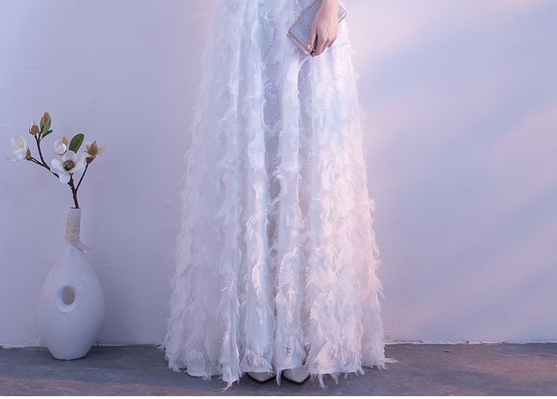 Halter Plain Fringed A-Line Evening Gown