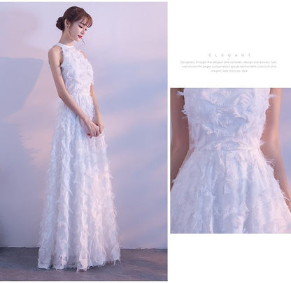Halter Plain Fringed A-Line Evening Gown