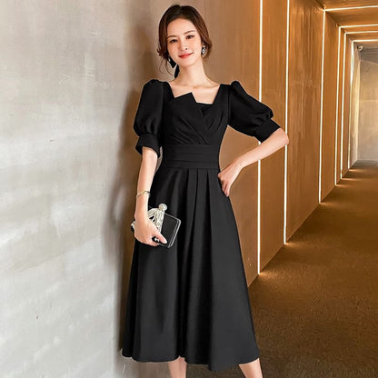 Short-Sleeve Plain Midi A-Line Cocktail Dress