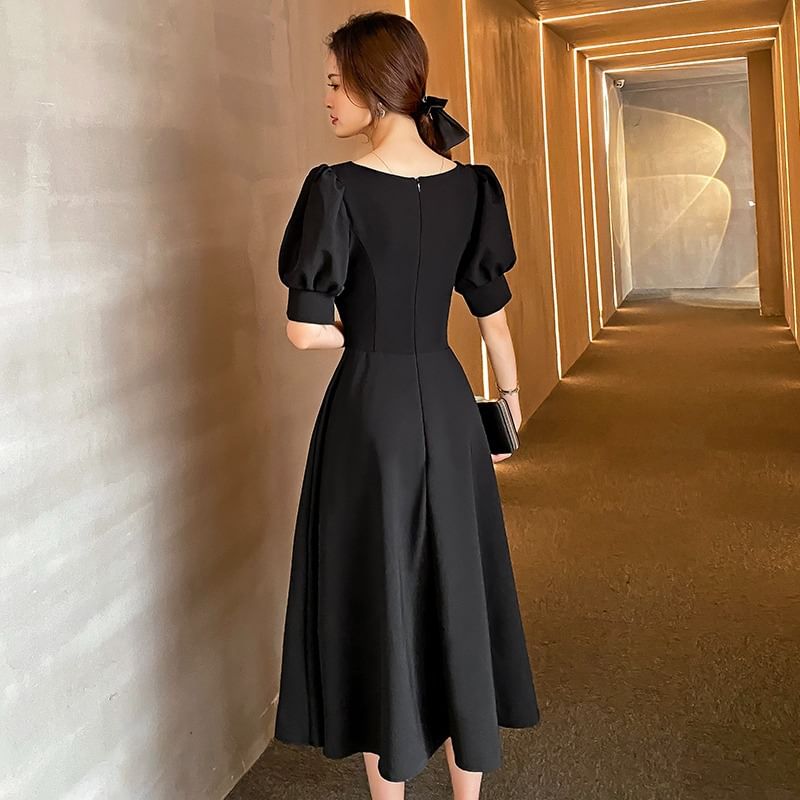 Short-Sleeve Plain Midi A-Line Cocktail Dress