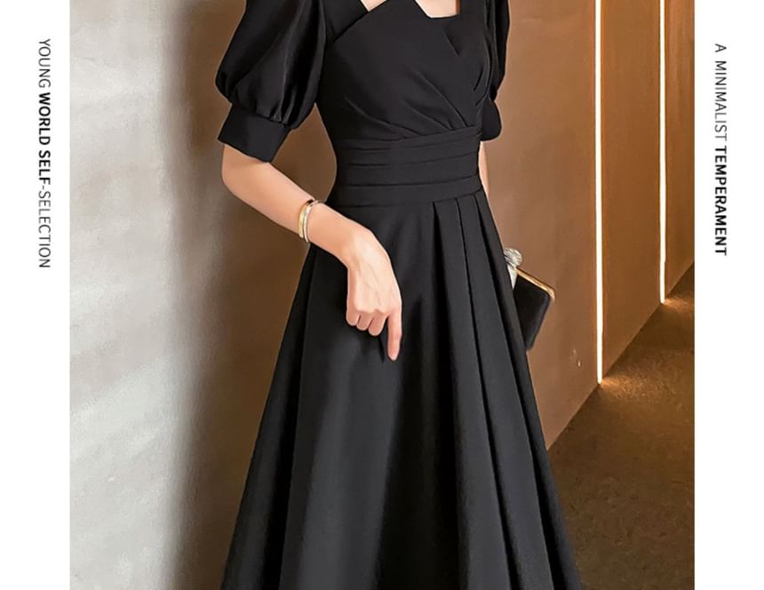 Short-Sleeve Plain Midi A-Line Cocktail Dress