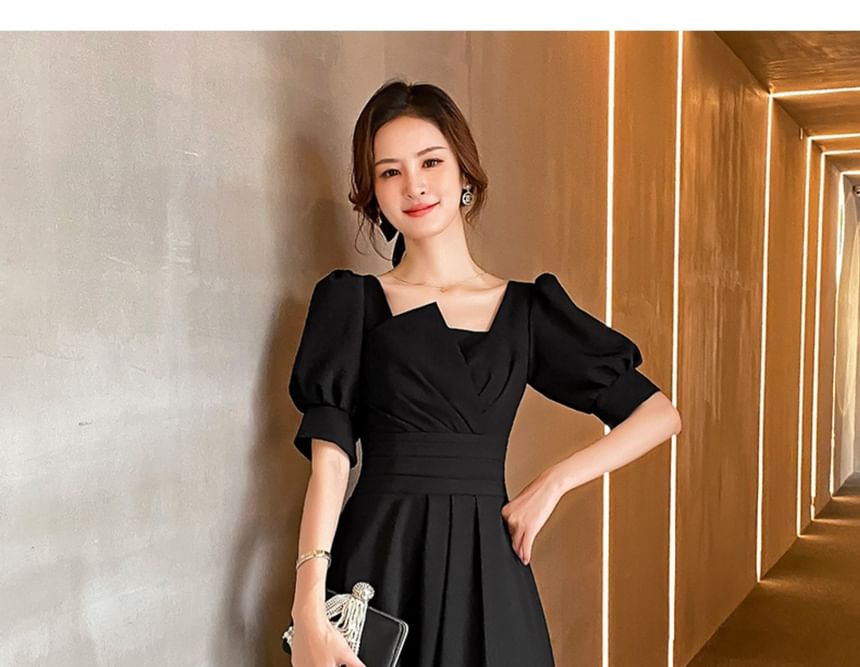 Short-Sleeve Plain Midi A-Line Cocktail Dress