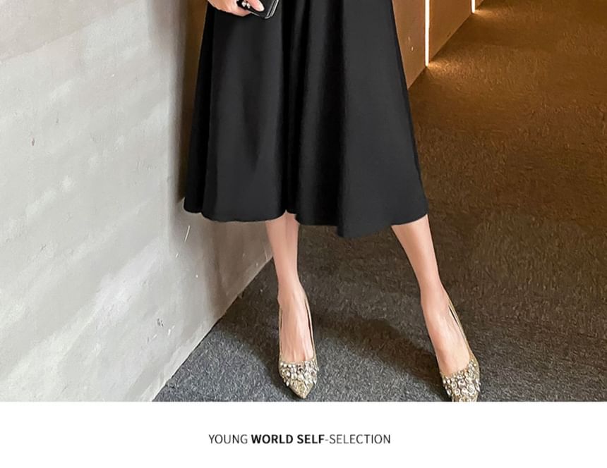 Short-Sleeve Plain Midi A-Line Cocktail Dress