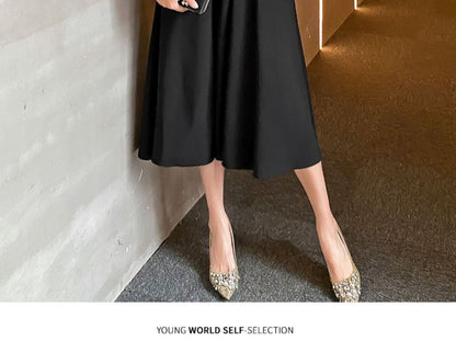 Short-Sleeve Plain Midi A-Line Cocktail Dress