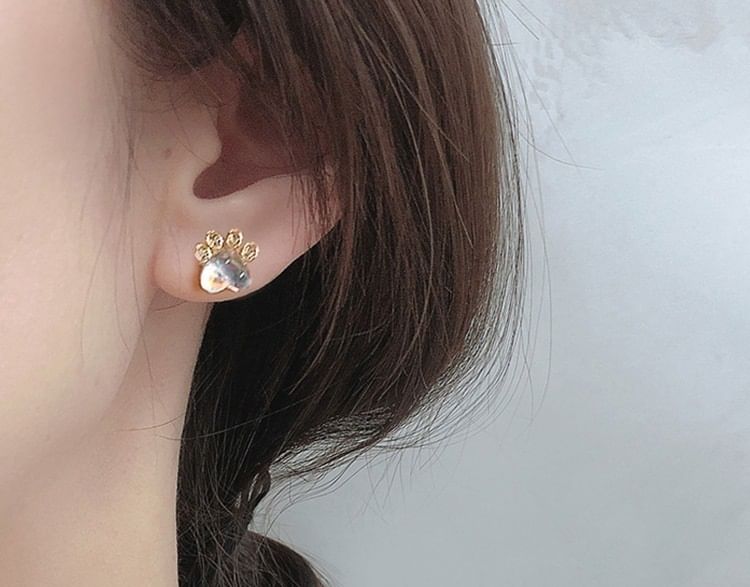 Paw Rhinestone Gemstone Ear Stud