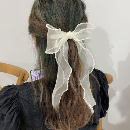 Faux Pearl Bow Mesh Hair Clip