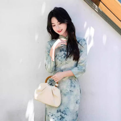 3/4 Sleeve Bamboo Print Midi Sheath Qipao