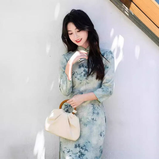 3/4 Sleeve Bamboo Print Midi Sheath Qipao