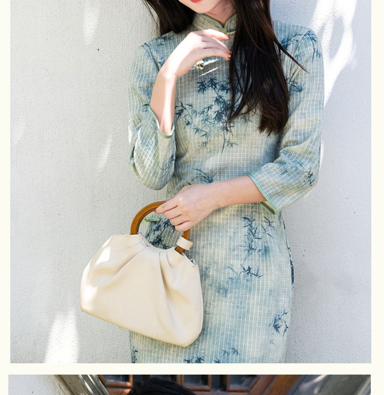 3/4 Sleeve Bamboo Print Midi Sheath Qipao