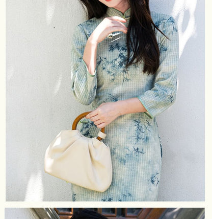 3/4 Sleeve Bamboo Print Midi Sheath Qipao