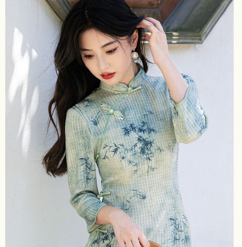 3/4 Sleeve Bamboo Print Midi Sheath Qipao