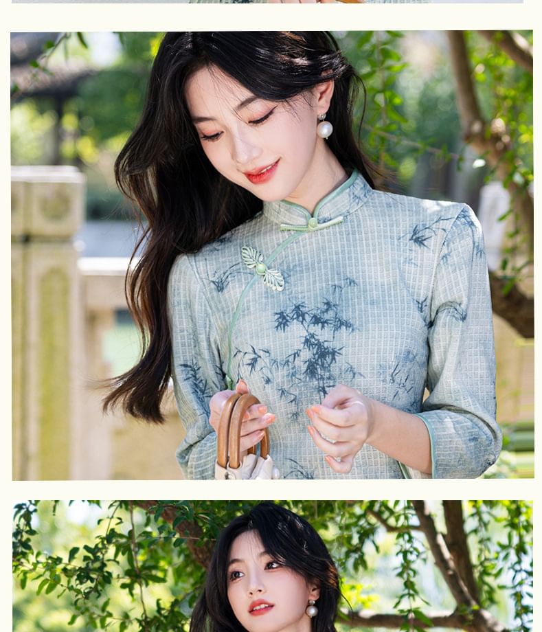 3/4 Sleeve Bamboo Print Midi Sheath Qipao