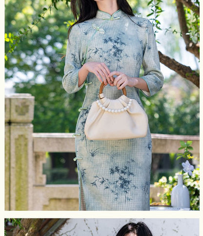 3/4 Sleeve Bamboo Print Midi Sheath Qipao