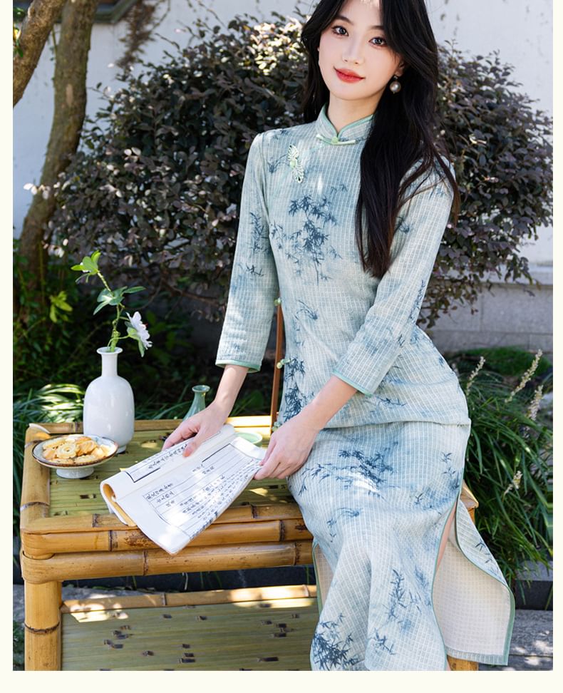 3/4 Sleeve Bamboo Print Midi Sheath Qipao