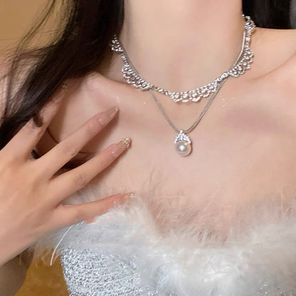 Faux Pearl Pendant Necklace / Rhinestone Lace-Shaped Necklace