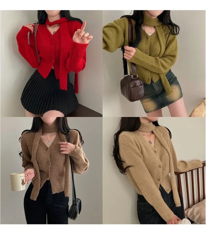 Long Sleeve V-Neck Crop Cardigan with Choker