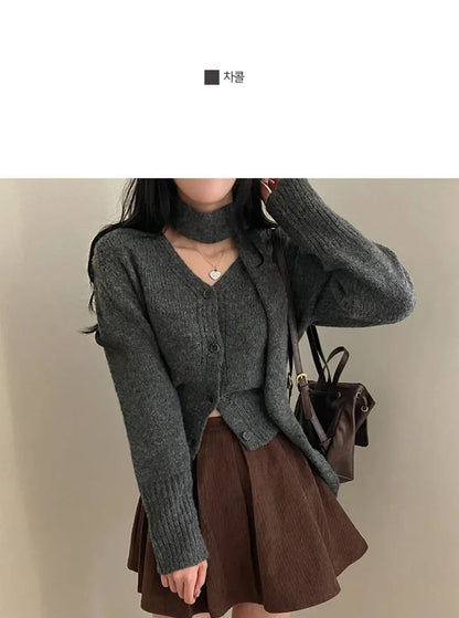 Long Sleeve V-Neck Crop Cardigan with Choker