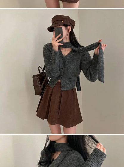 Long Sleeve V-Neck Crop Cardigan with Choker