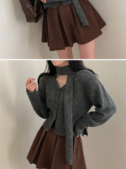Long Sleeve V-Neck Crop Cardigan with Choker
