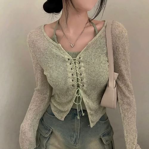 Lace Up Melange Knit Cardigan & Halter Cami Set