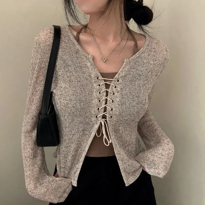 Lace Up Melange Knit Cardigan & Halter Cami Set