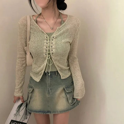 Lace Up Melange Knit Cardigan & Halter Cami Set