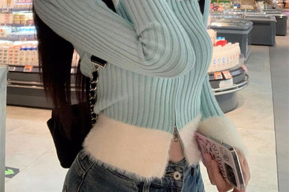 Collar Two Tone Ribbed Zip Cardigan