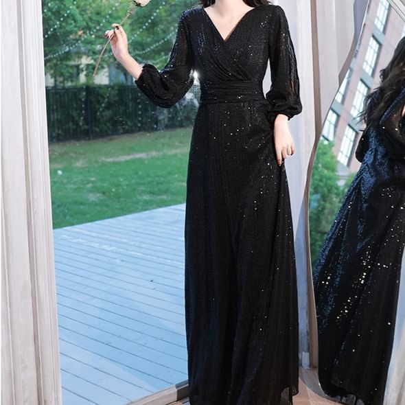 Long-Sleeve V-Neck Plain Sequin Cutout A-Line Evening Gown