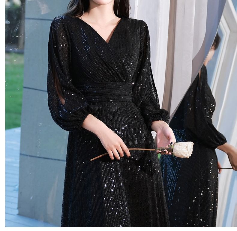 Long-Sleeve V-Neck Plain Sequin Cutout A-Line Evening Gown