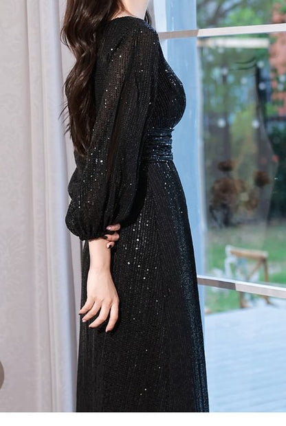 Long-Sleeve V-Neck Plain Sequin Cutout A-Line Evening Gown