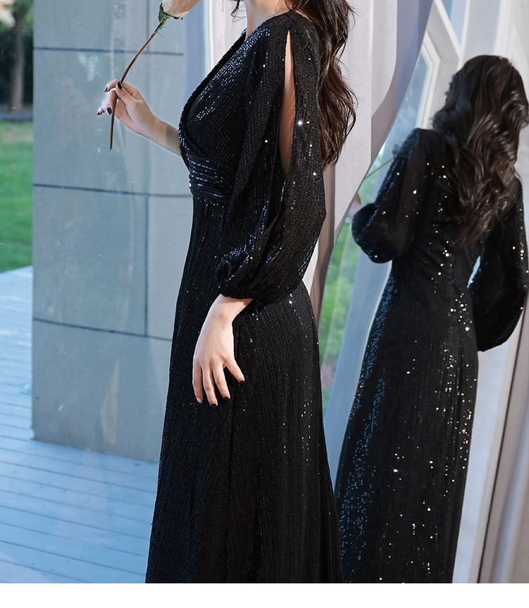 Long-Sleeve V-Neck Plain Sequin Cutout A-Line Evening Gown