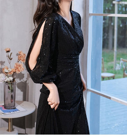 Long-Sleeve V-Neck Plain Sequin Cutout A-Line Evening Gown