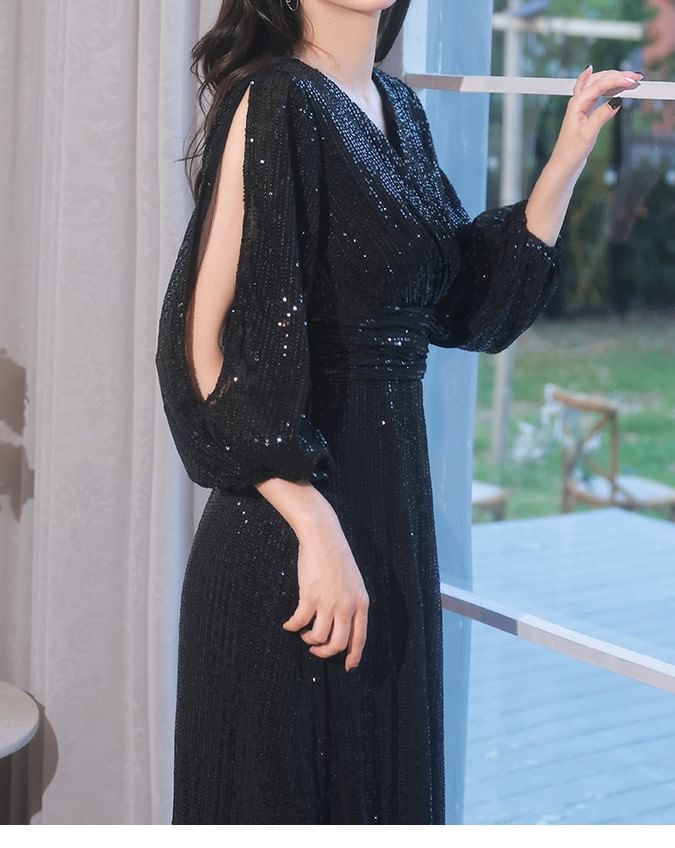 Long-Sleeve V-Neck Plain Sequin Cutout A-Line Evening Gown
