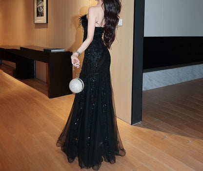 Strapless Sequin Feather Trim Mesh Trumpet Evening Gown